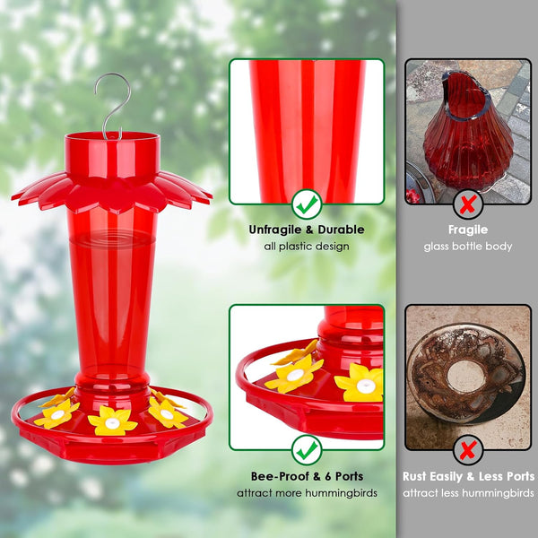 Fchstaer Plastic Hummingbird Feeders for Outdoors Hanging, 2 Pack 10 OZ Red Humming Bird Feeder with 6 Feeding Ports and Perch, Built-in Ant Moat,