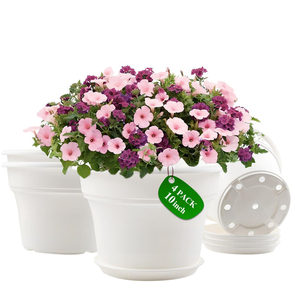 Pottiffe 10 Inch Plastic-Flower-Pot-for-Indoor-Plants, 4 Pack Large Outdoor Planter Pot with Drainage Holes & Saucers, Resin Decorative Garden