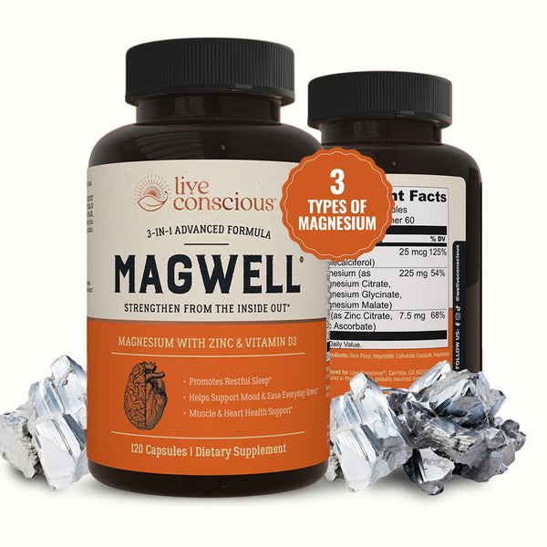 Live Conscious Magwell Magnesium Zinc & Vitamin D3 - Magnesium Glycinate, Malate, & Citrate - Triple Supplement for Women & Men - for Sleep, Bone,