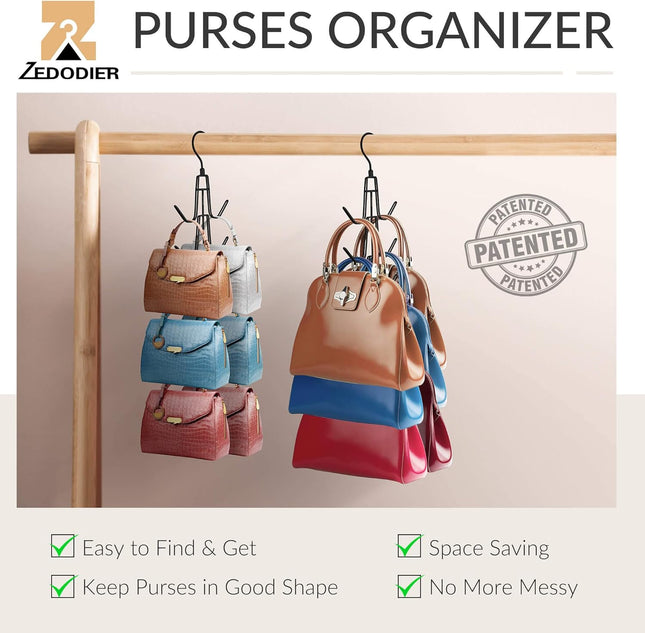 ZEDODIER Purse Hanger Organizer for Closet, 4 Pack Hanging Bag Holder, Keeping Purses Visible and in Good Condition, Met
