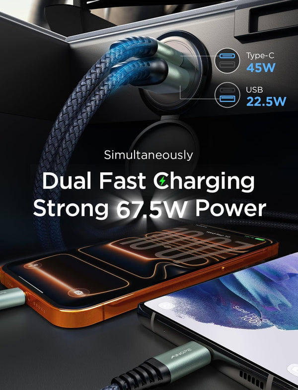 AINOPE 67.5W Cigarette Lighter Adapter Car Charger USB C Fast Charging | [Mini & Metal] PD&QC Cigarette Lighter USB Charger 12V Outlet Plug Socket