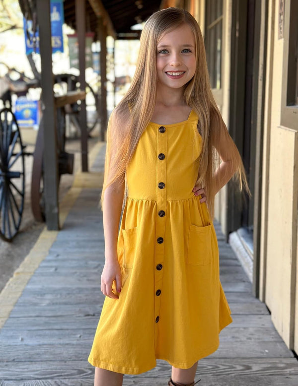 Arshiner Girl's Spaghetti Strap Button Down Summer Casual Sundress Dress | Midi, Sleeveless, A-line, with Pockets 9-10 Years Mustard