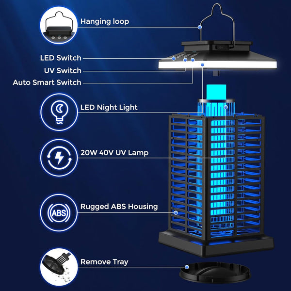 Bug Zapper Outdoor, 2025 Upgraded Mosquito Zapper 2 in 1 Rechargeable Bug Zapper Outdoor with 5000Mah Battery & LED Night Light, 4000V Electric