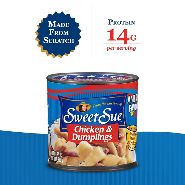 Sweet Sue Chicken & Dumplings, 24 oz Can - Heat and Serve Soup Meal - 14g Protein per Serving - Made from Scratch Recipe 24 Ounce (Pack of 1)