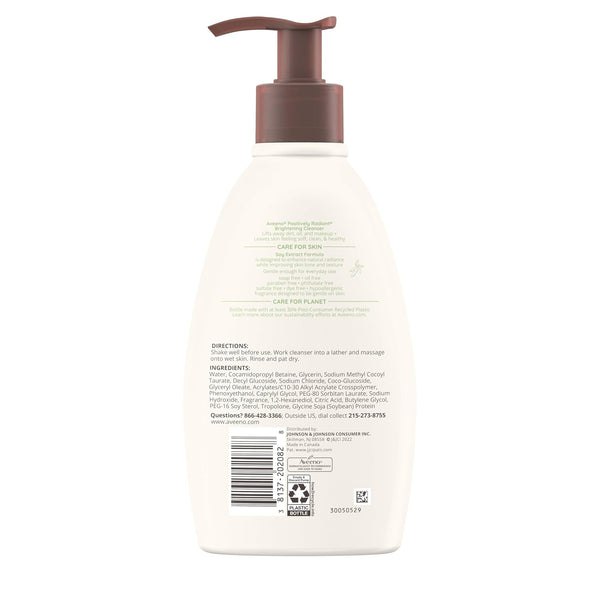 Aveeno Positively Radiant Brightening Facial Cleanser with Moisture Rich Soy Extract, Helps Even Skin Tone & Texture While Gently Lifting Away