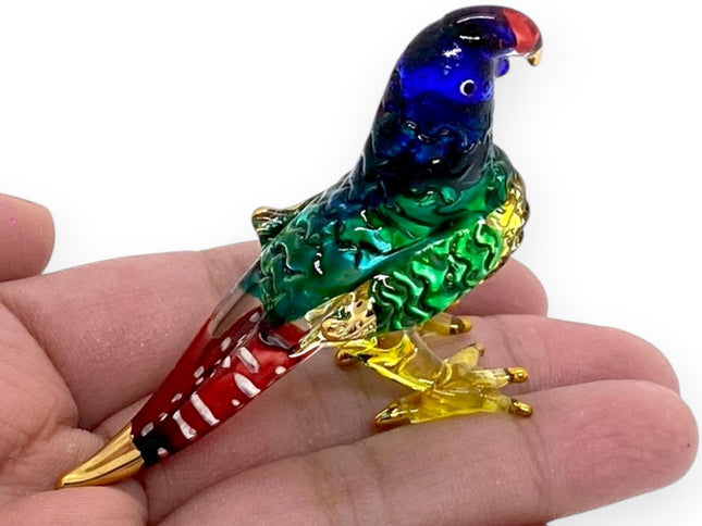 Tiny 2" Blue Green Red Parrot Pionus Bird Figurine - Miniature Hand Blown Painted Glass Birds Colorful Multicolor Crysta