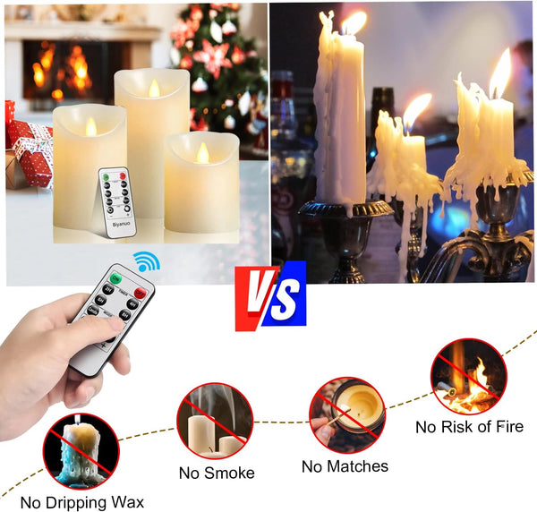 Flameless Battery Operated LED Candles With10Key Button Remote Control 24-Hour Timer Set of 3 Electric Flickering Pillar Real WaxÃ¯Â¼ÂWedding, Party,