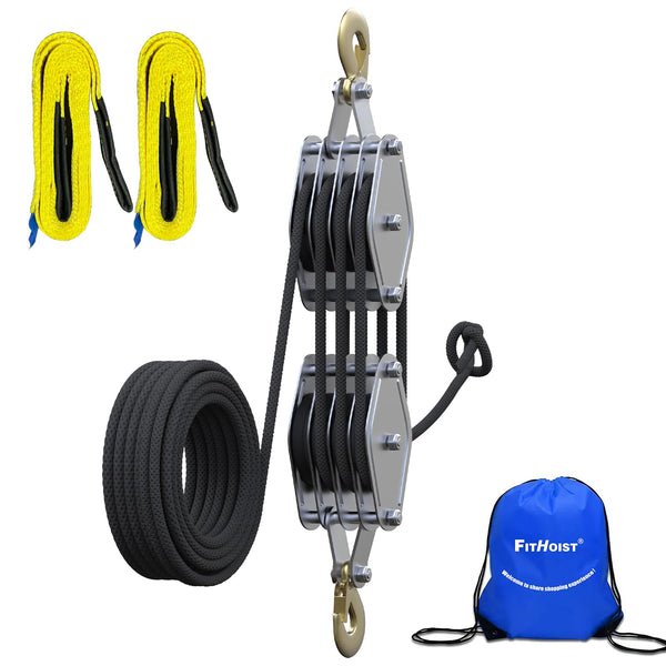 Block and Tackle 4400LBS Breaking Strength Heavy Duty Pulley Hoist, 65 Ft Rope, 7:1 Lifting Power, 2 Pcs 8 Ft Lift Sling (Black)