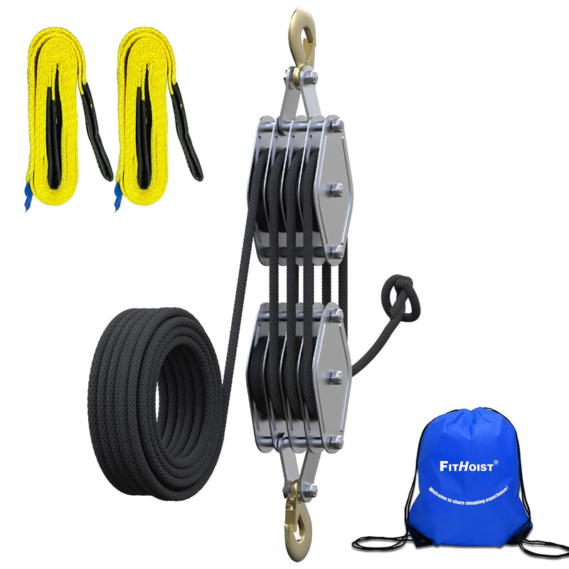 Block and Tackle 4400LBS Breaking Strength Heavy Duty Pulley Hoist, 65 Ft Rope, 7:1 Lifting Power, 2 Pcs 8 Ft Lift Sling (Black)