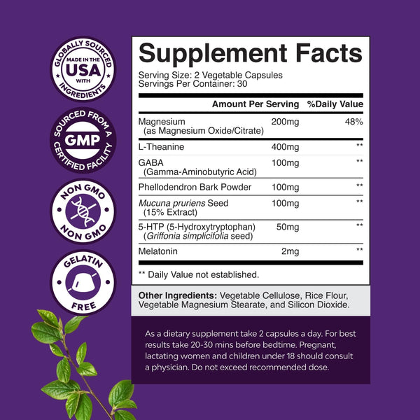 Natural Refreshing Sleep Formula - Supports Healthy Rest - Non Addictive Supplement - Magnesium L-Theanine GABA - Purest Herbal Ingredients