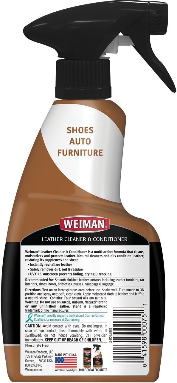 Weiman Leather Cleaner and Conditioner for Furniture - 12 Ounce - 2 Pack - Ultra Violet Protection Help Prevent Cracking