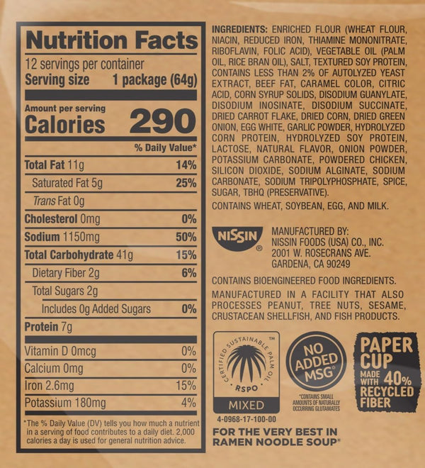 Nissin Cup Noodles Soup, Beef Flavor, Microwaveable Paper Cups, Instant Ramen, 2.25 Ounce (Pack of 12) | Instant Ramen Noodle Soup, Microwaveable