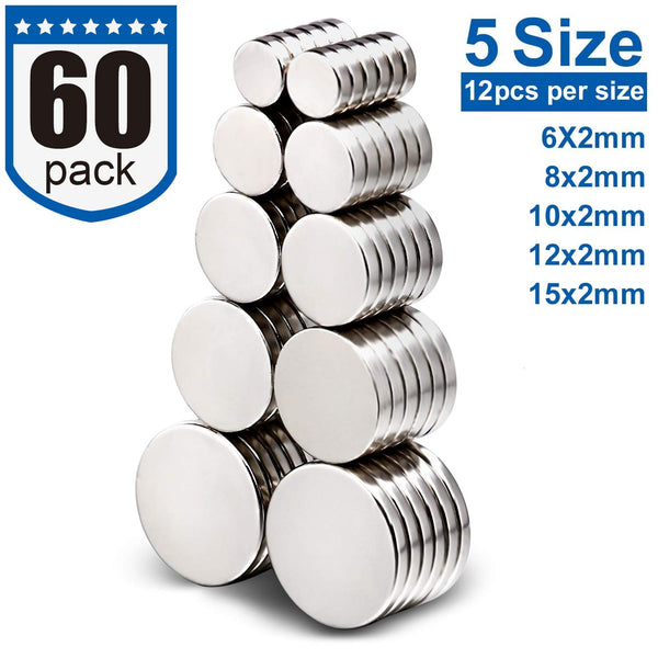 DIYMAG 60Pcs Refrigerator Magnets, 5 Different Sizes Fridge Disc Magnets with Stainless Steel Coating for Hobbies, DIY, Kitchen 5sizes-60Pcs