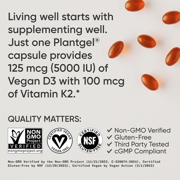 Sports Research® Vegan D3 5000Iu with Vitamin K2 100Mg - Formulated with Coconut MCT Oil - Vegan Certified, Soy & Gluten Free - 60 Softgels