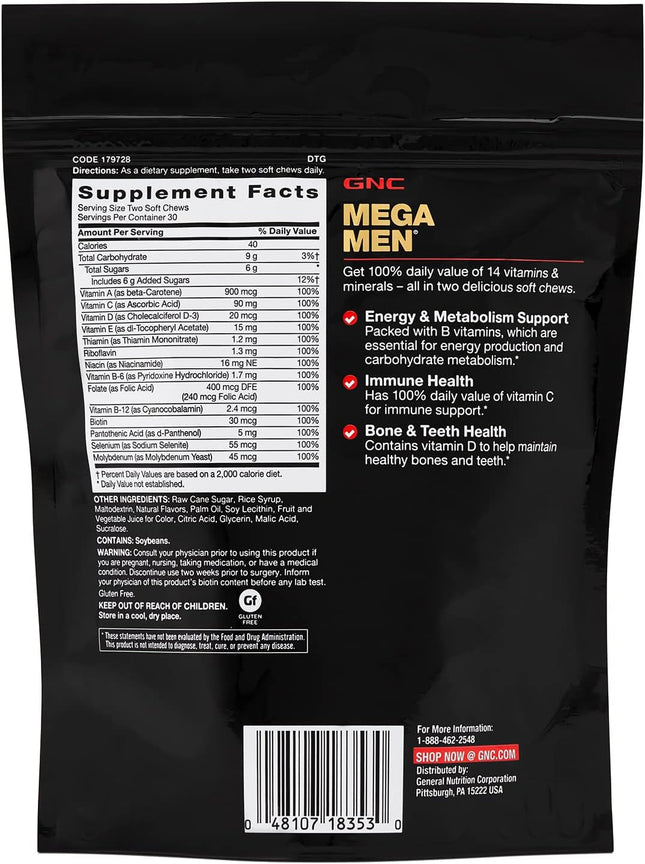GNC Mega Men Soft Chew Multivitamin | Energy & Metabolism Support | Gluten Free 