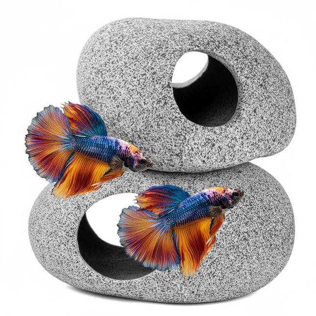 Aquarium Cave Decor - 2 PCS Natural Fish Tank Rocks for Betta Hideout and Shrimp Breeding, Hand-Polished Smooth Edges, P