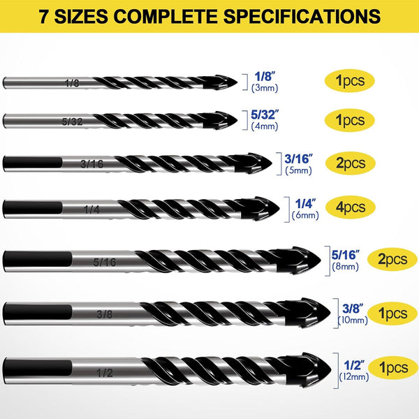 DYRECELVE 12-Piece Masonry Drill Bit Set and Concrete Drill Bit Set | Carbide Tile Drill Bits and Brick Drill Bit, 7 Sizes 1/8 to 1/2 Inch for