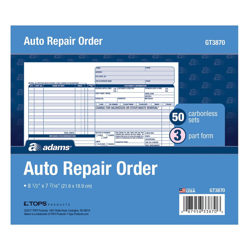 Adams Auto Repair Order Forms, 8.5 x 7.44 Inch, 3-Part, Carbonless, 50-Pack, White and Canary (GT3870) 50-Pack Repair Order Forms