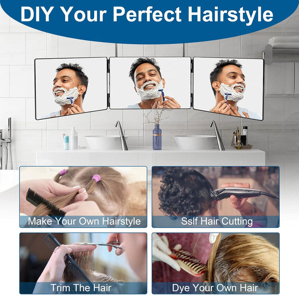 LMZNXCZ 3 Way Mirror for Self Hair Cutting,360 Haircuts Men for Barber Use Tools,to See Back of Head,Tri Fold Mirror with Portable Height