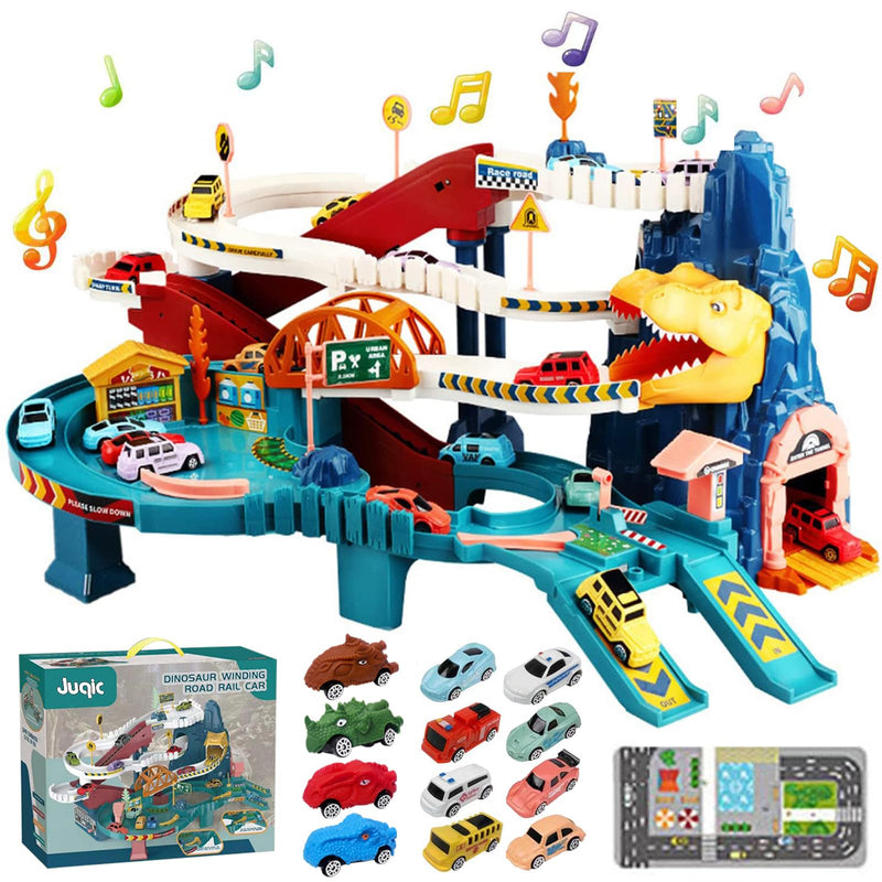 Toy Car Ramp Track Dinosaur Climbing Hills Railcar Colorful Vehicles Construction Play Set with 12 Mini Racer Cars and Track for Preschool Gifts