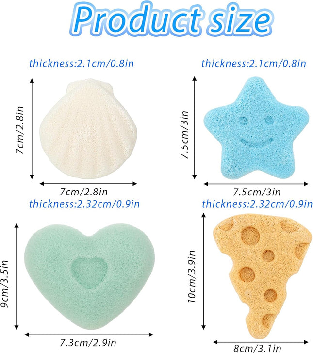4 Pcs Bath Sponges, Natural Soft Cute Shapes Safe Foam Loofah Plant-Based Lots of Lather Stars Cheese Shape Heart Large 