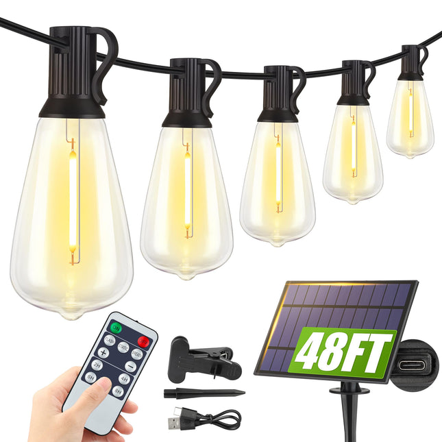 48FT Solar String Lights Outdoor with Remote, Waterproof Dimmable Patio Lights with 18+1 LED ST38 Bulbs 3 Modes Hanging 