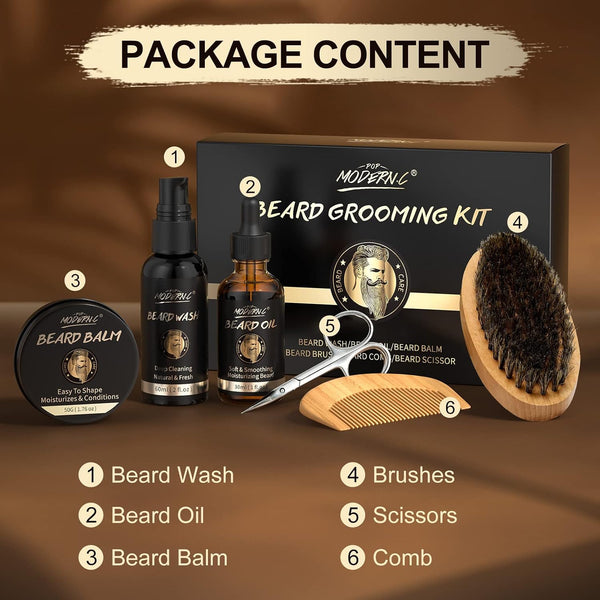 POP MODERN.C Beard Growth Kit Beard Grooming Kit 6pcs Beard Wash Shampoo Beard Oil Beard Balm Beard Comb Brush Scissors