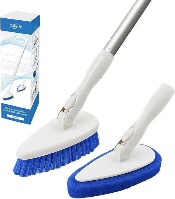 Qaestfy Shower Scrubber Cleaning Brush Combo Bath Tub Tile Cleaner Scrubber Brush with 51'' Adjustable Long Handle Scrub Brush for Bathroom Shower