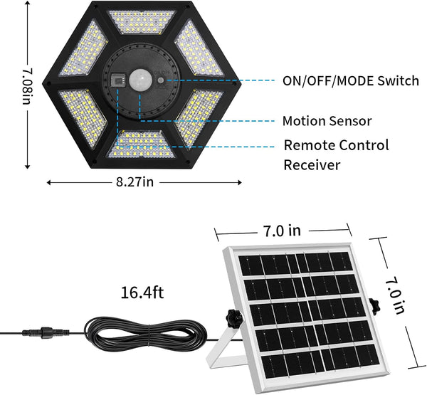 Solar Shed Light Indoor Outdoor Solar Powered Pandent Daytime Work Lights with 5 Lighting Modes & 3 Timers, 180LED Solar Indoor Lights Motion