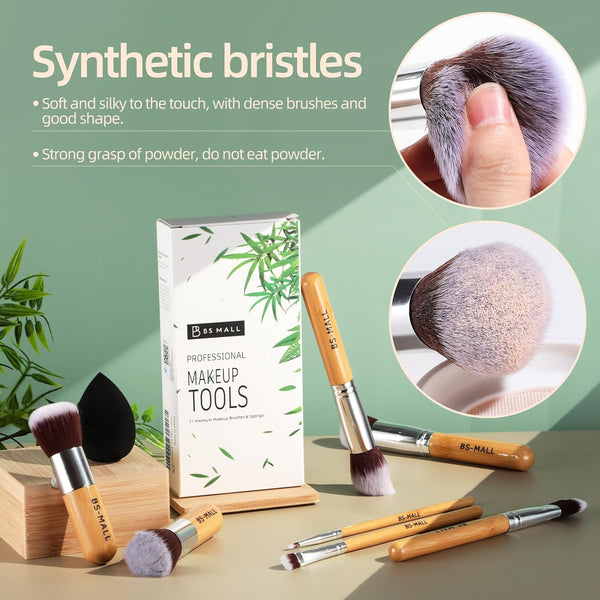 BS-MALL Makeup Brush Set 11Pcs Bamboo Synthetic Kabuki Brush Set Foundation Powder Blending Concealer Eye Shadows Blush Cosmetics Brushes with