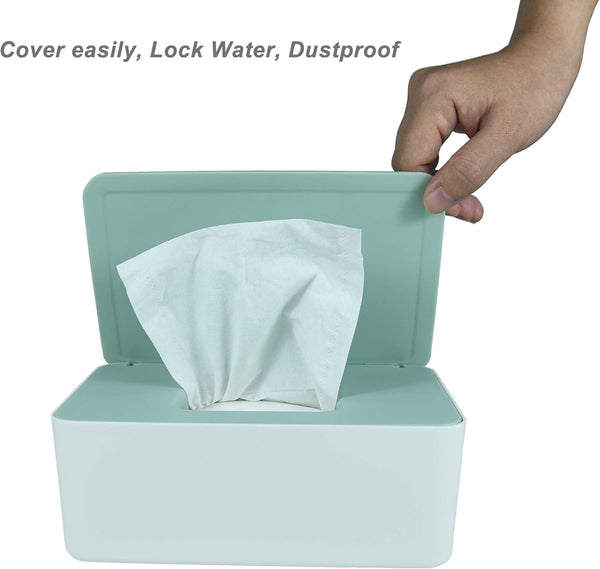 Diaper Wipes Dispenser, Tissue Storage Box Case, Wet Wipe Dispenser Holder with Lid for Home, Office, Cars (Green) Green Lid, White Box