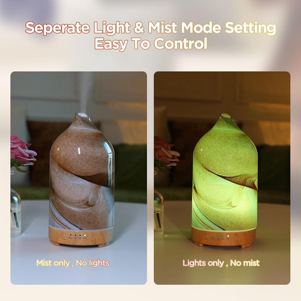 Essential Oil Diffuser Hand Blown Glass Aromatherapy Diffuser - Ultrasonic Cool Mist Scent Aroma Diffuser, Whisper Quiet with Auto Shut-Off, Timer