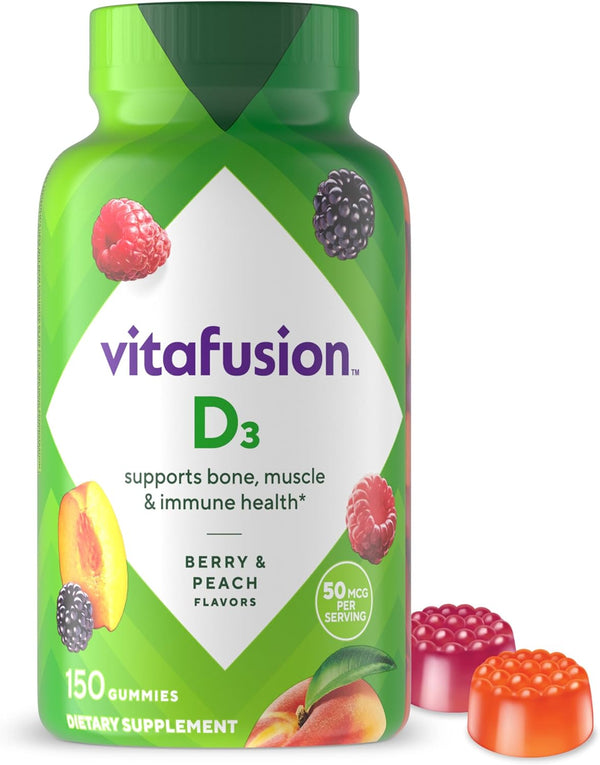 Vitafusion Vitamin D3 Gummy Vitamins for Bone and Immune System Support, Peach, Blackberry and Strawberry Flavored, 50 Mcg Vitamin D, AmericaâS