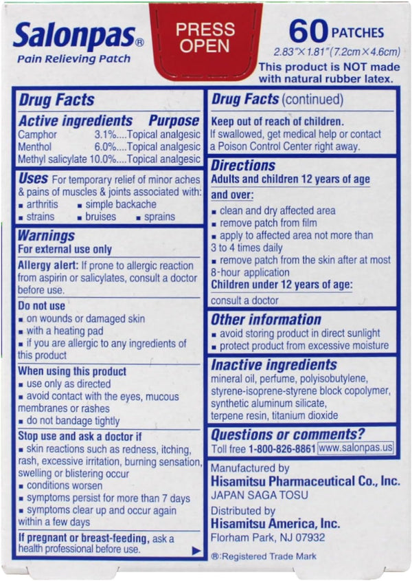 Salonpas Pain Relieving Patch, Extra Strength Topical Analgesic, 60 Ct (Pack of 2)