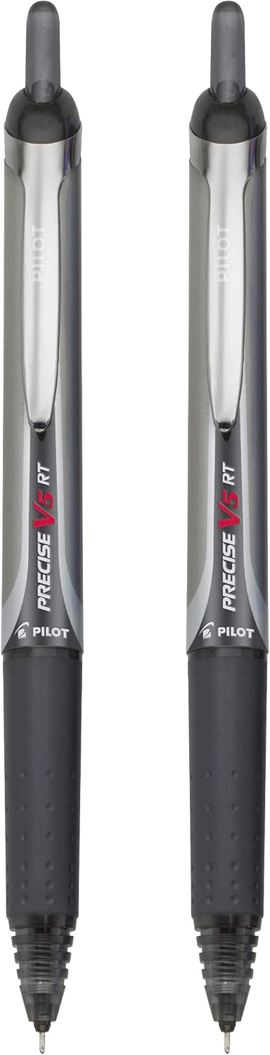 Pilot Precise V5 RT Refillable & Retractable Rollerball Pens, Extra Fine Point Pens 0.5 mm, Black, Pack of 2 - Ideal for School, Journaling &