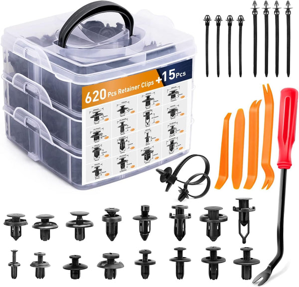 GOOACC 635Pcs Car Push Retainer Clips & Auto Fasteners Assortment -16 Most Popular Sizes Nylon Bumper Fender Rivets with 10 Cable Ties and