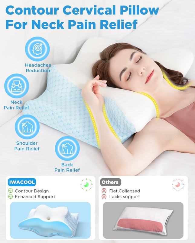 Cool Cervical Neck Pillow for Pain Relief, Ergonomic Contour Side Sleeper Pillow for Adults, Orthopedic Memory Foam Back