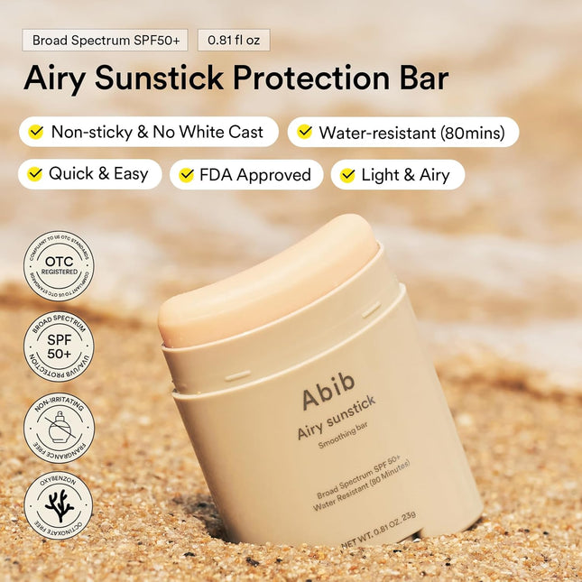 Abib Airy Sunstick Protection Bar Broad Spectrum SPF50+ 0.81 Oz / 23 G (Semi- Matte) | Korean Suncreen Stick Suncare Sun