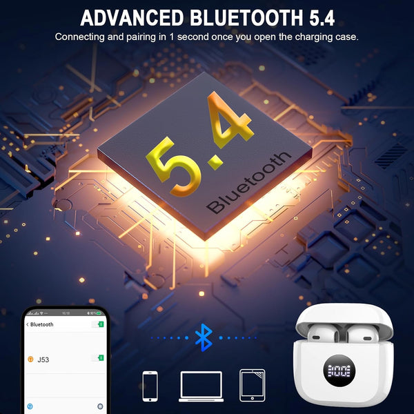Wireless Earbuds, Bluetooth 5.4 Ear Buds, LED Power Display, 6D Bass Stereo Pearl White