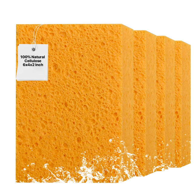 4 PCS Large Natural Cellulose Sponges 6X4X2 Inch - Super Absorbent and Biodegradable, Perfect for Home & Kitchen Cleanin