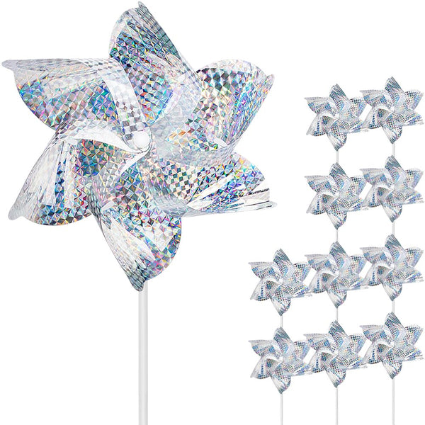 10 Pack Reflective Pinwheels for Garden Yard - Sparkly Silver Bird Deterrent Devices for Outside - Humane Woodpecker, Pigeon & Goose Repellent