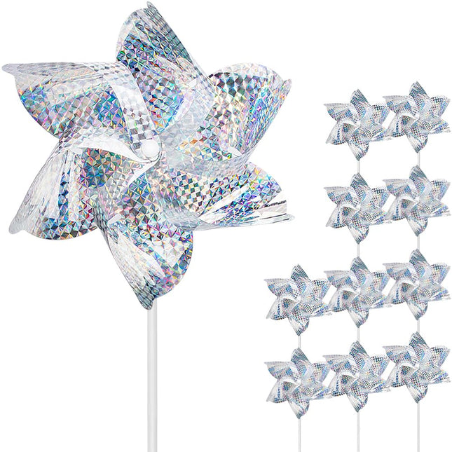 10 Pack Reflective Pinwheels for Garden Yard - Sparkly Silver Bird Deterrent Devices for Outside - Humane Woodpecker, Pigeon & Goose Repellent