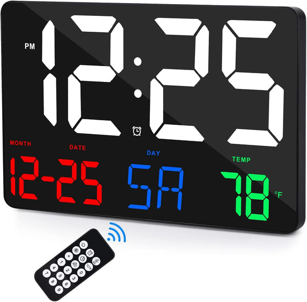 Digital Wall Clock,11.5" LED Digital Alarm Clock Large Display,With Remote Control,Adjustable Brightness, Calendar, Temperature, Snooze, 12/24 H,