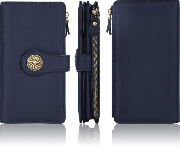 Travelambo Women's Wallet RFID Blocking Trifold Clutch Large Capacity Credit Card Holder Travel Purse ReNapa Blue Navy