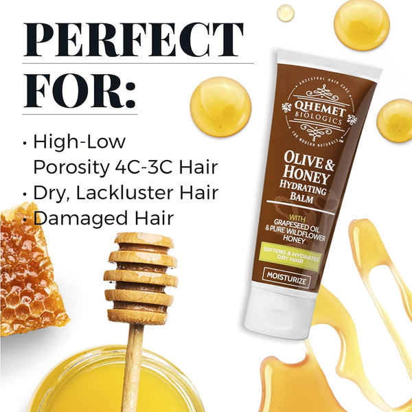 Qhemet Biologics Olive & Honey Hydrating Balm - Moisturizing Hair Balm for Smooth, Soft, Supple Hair - Leave in for Long-Lasting Hydration -