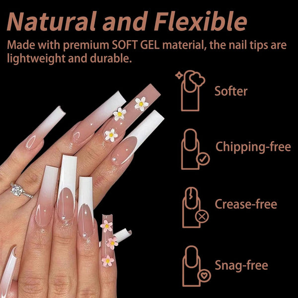 Nail Tips Square 3XL Extra Long Tips, 240Pcs Soft Gel Nail Tips Fake Nails, 12 Sizes Acrylic Clear False Full Cover Press on Extension No Trace