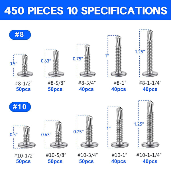 450PCS Self Tapping Screws for Metal, 410 Stainless Steel Self Drilling Screws #80 Truss Head Sheet Metal Screws Assortment Kits, Length 1/2"