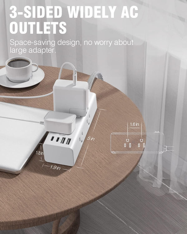 Power Strip Surge Protector - One Beat 6 Widely Outlets with 3 USB Ports (1 USB C), 5 Ft Extension Cord Flat Plug, Wall Mount Outlet Extender