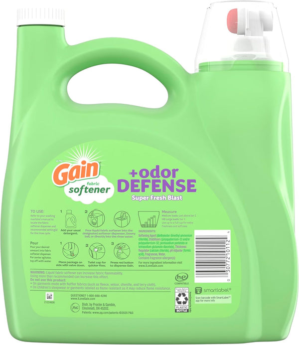 Gain + Odor Defense Liquid Fabric Softener, Super Fresh Blast Scent, 140 Oz 190 Loads, HE Compatible