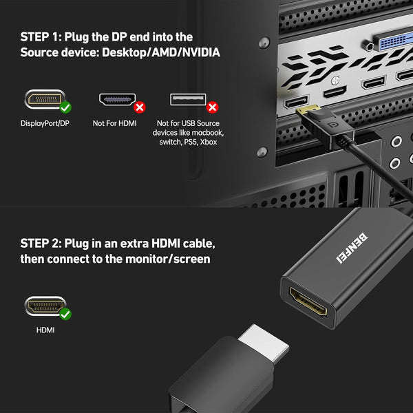 BENFEI 4K DisplayPort to HDMI Adapter, Uni-Directional DP 1.2 Computer to HDMI 2.0 Screen Gold-Plated DP Display Port to HDMI Adapter (Male to